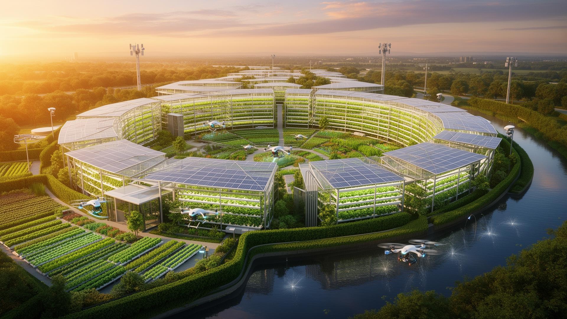 Aerial render of Agro City at sunrise: circular vertical farms and hydroponic greenhouses with solar canopies, surrounded by lush crop rows, water canals and autonomous agri-drones hovering above the fields.