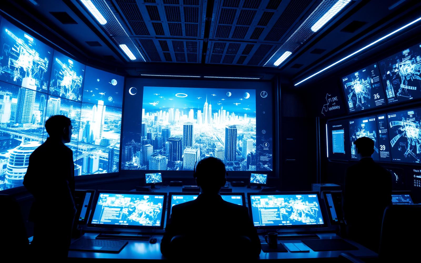 Interior of the AI strategic command center: a wall of live monitoring displays showing surveillance feeds, threat analytics and digital twin dashboards, with operators at consoles in the foreground.