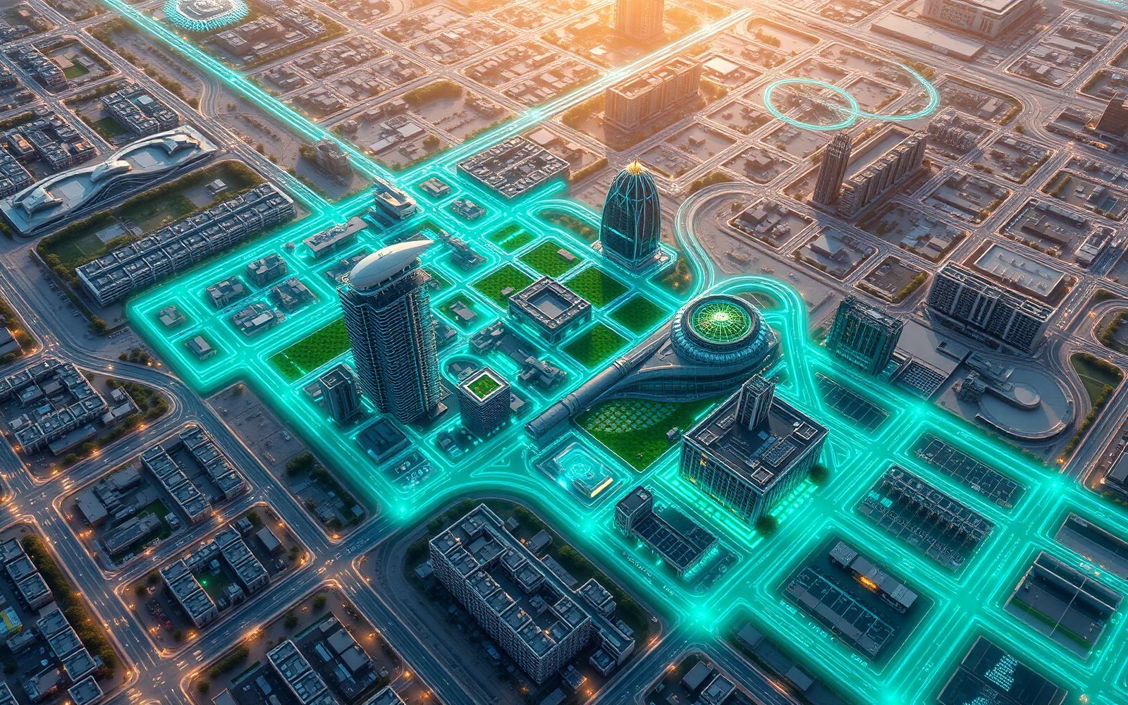 DSC masterplan render: an aerial bird's-eye view of the city divided into six integrated zones — strategic command, residential, innovation, sustainability, commercial and emergency resilience — connected by green corridors.