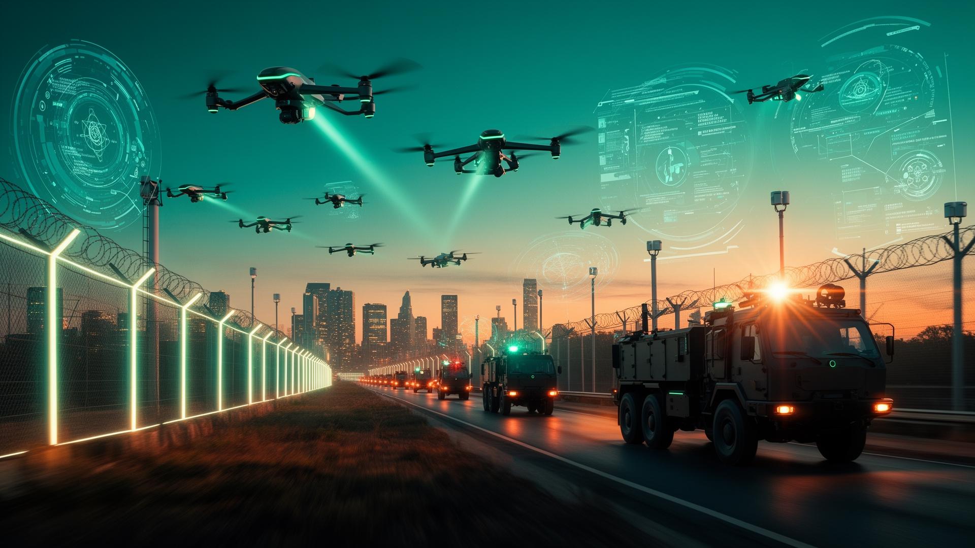 DSC smart border at dusk: autonomous patrol drones overhead and an armored response convoy moving along an illuminated sensor wall.